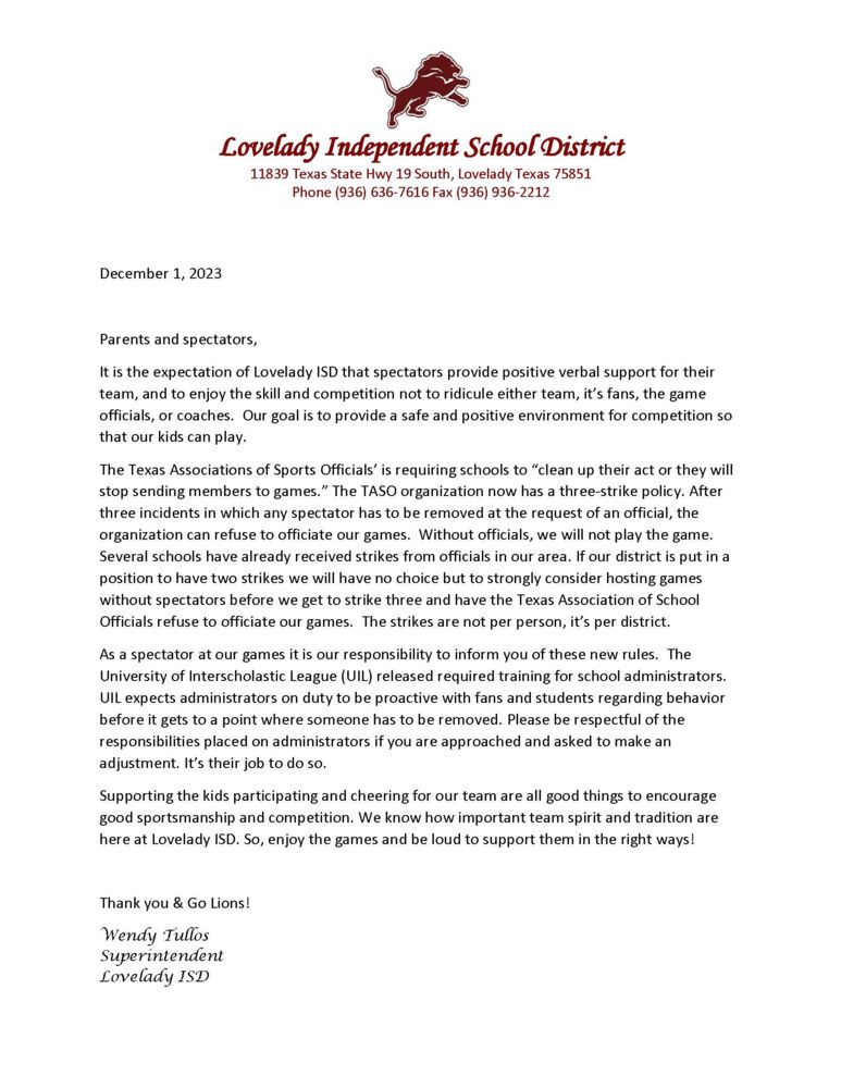 Spectator Policy Parent Notification 2023