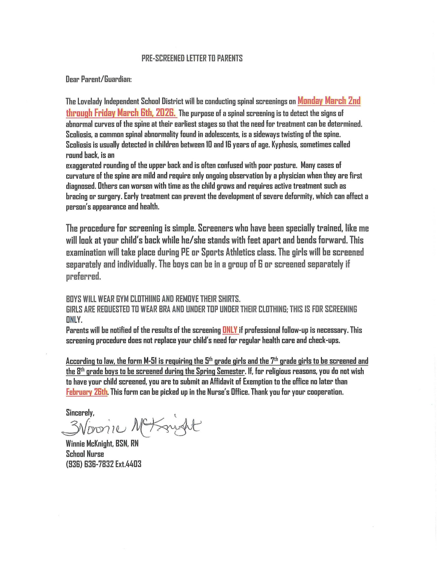 Spinal Screening 2026 parent Letter