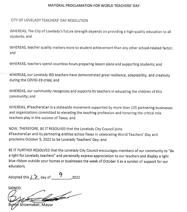 Proclamation for World Teacher Day/Week