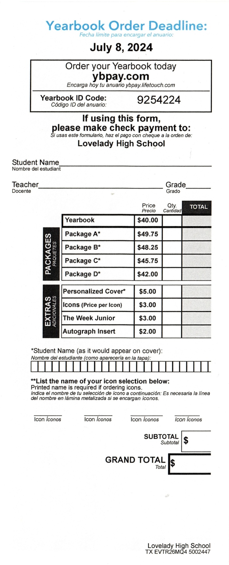 Yearbook Order Form 2024